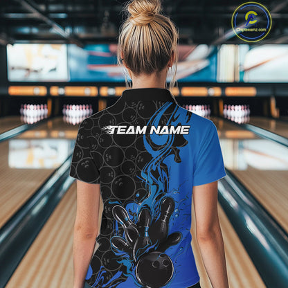 Custom Black And Blue Fire Flame Bowling Women Quarter-Zip Shirts, Bowling League Shirt IPHW10185