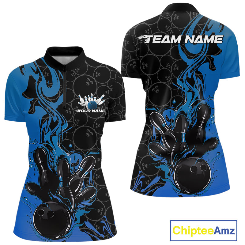 Custom Black And Blue Fire Flame Bowling Women Quarter-Zip Shirts, Bowling League Shirt IPHW10185