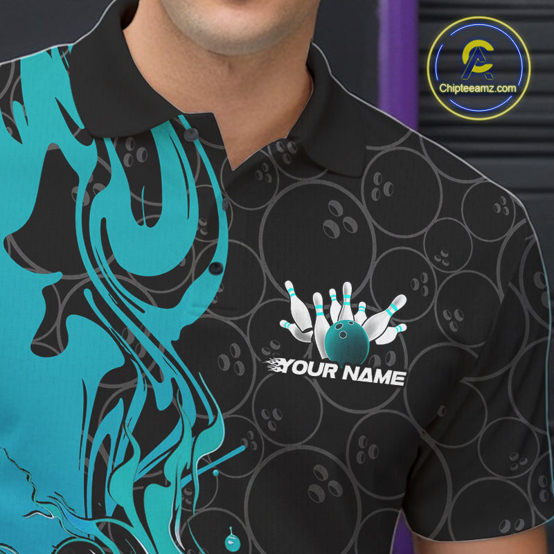 Custom Black And Blue Fire Flame Bowling Team Men Polo Shirts, Bowling League Shirt IPHW10186