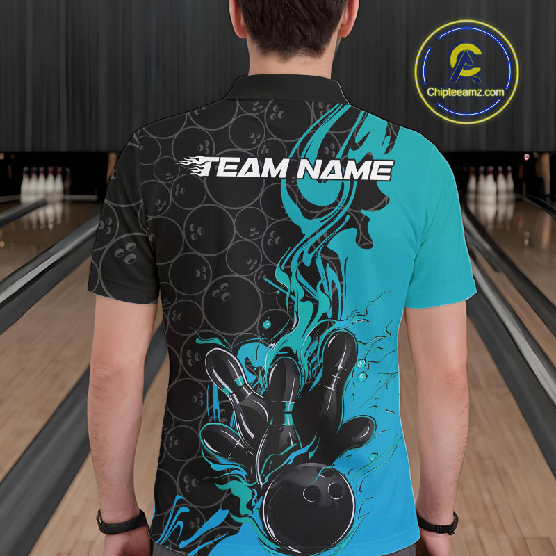 Custom Black And Blue Fire Flame Bowling Team Men Polo Shirts, Bowling League Shirt IPHW10186