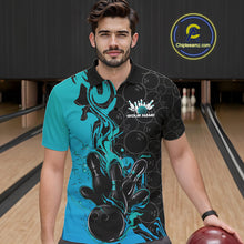 Load image into Gallery viewer, Custom Black And Blue Fire Flame Bowling Team Men Polo Shirts, Bowling League Shirt IPHW10186