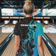 Load image into Gallery viewer, Custom Black And Blue Fire Flame Bowling Team Women Polo Shirts, Bowling League Shirt IPHW10186