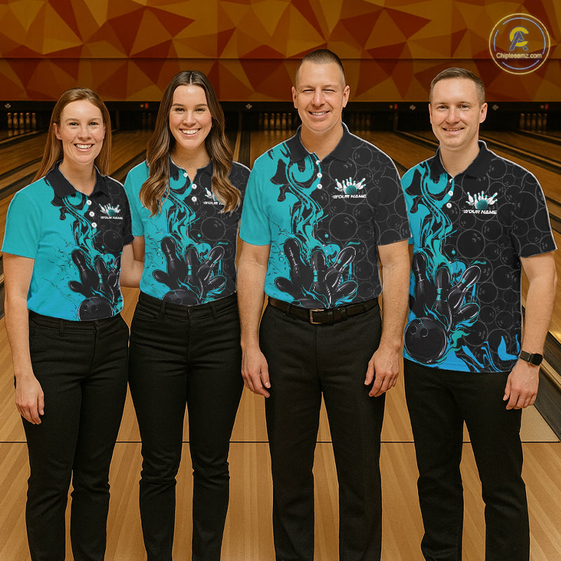 Custom Black And Blue Fire Flame Bowling Team Men Polo Shirts, Bowling League Shirt IPHW10186
