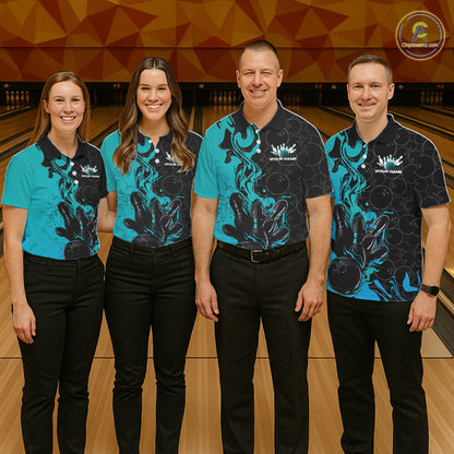 Custom Black And Blue Fire Flame Bowling Team Men Polo Shirts, Bowling League Shirt IPHW10186