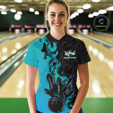 Load image into Gallery viewer, Custom Black And Blue Fire Flame Bowling Women Quarter-Zip Shirts, Bowling League Shirt IPHW10186