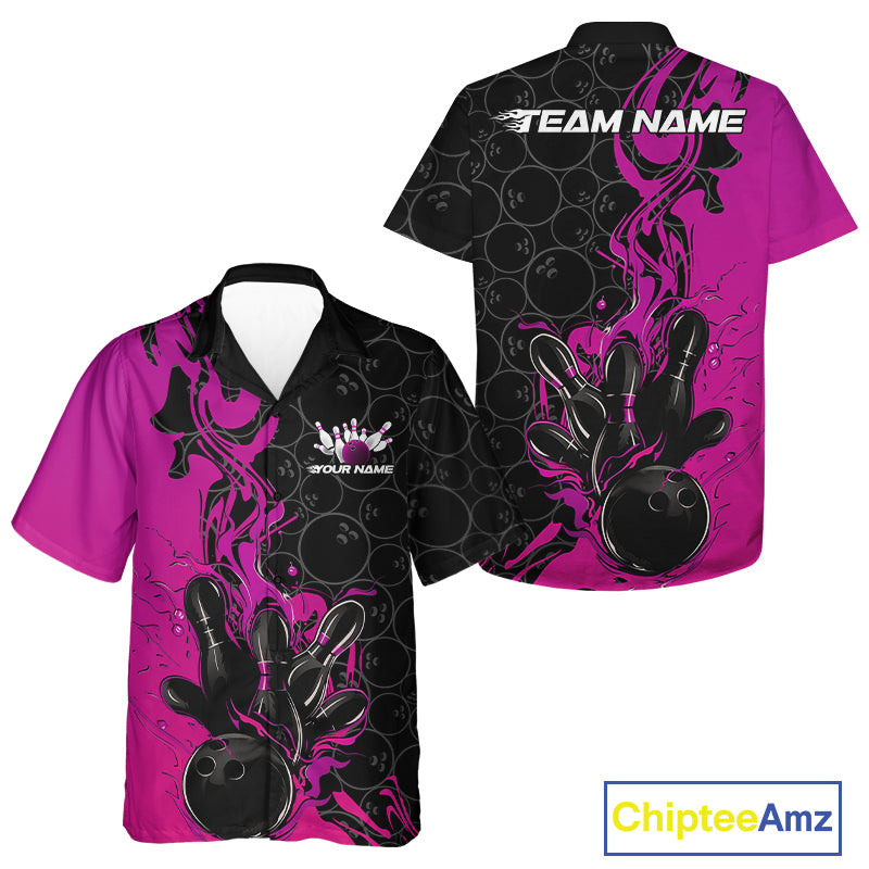 Custom Pink Purple Fire Flame Bowling Team Men And Women Hawaiian Shirts, Bowling League Shirt IPHW10187