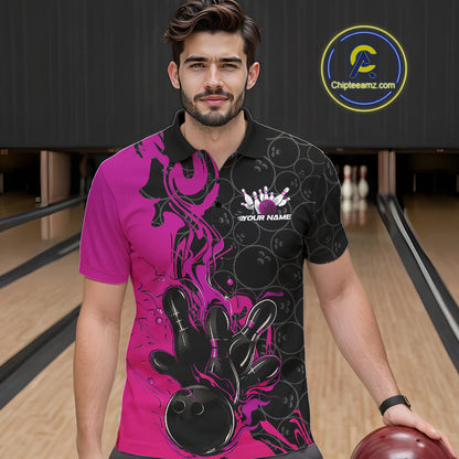 Custom Pink Purple Fire Flame Bowling Team Men Polo Shirts, Bowling League Shirt IPHW10187