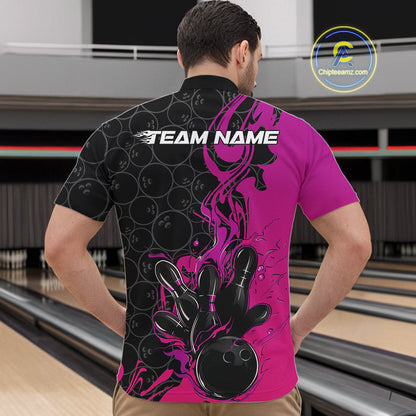 Custom Pink Purple Fire Flame Bowling Team Men Quarter-Zip Shirts, Bowling League Shirt IPHW10187