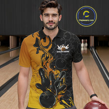 Load image into Gallery viewer, Custom Black And Gold Flame Bowling Team Men Polo Shirts, Yellow Bowling League Shirt IPHW10188