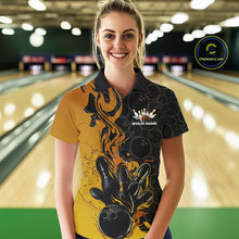Load image into Gallery viewer, Custom Black And Gold Flame Bowling Team Women Polo Shirts, Yellow Bowling League Shirt IPHW10188