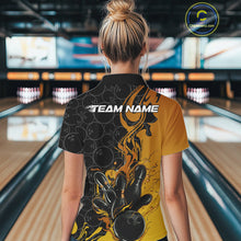 Load image into Gallery viewer, Custom Black And Gold Flame Bowling Team Women Polo Shirts, Yellow Bowling League Shirt IPHW10188