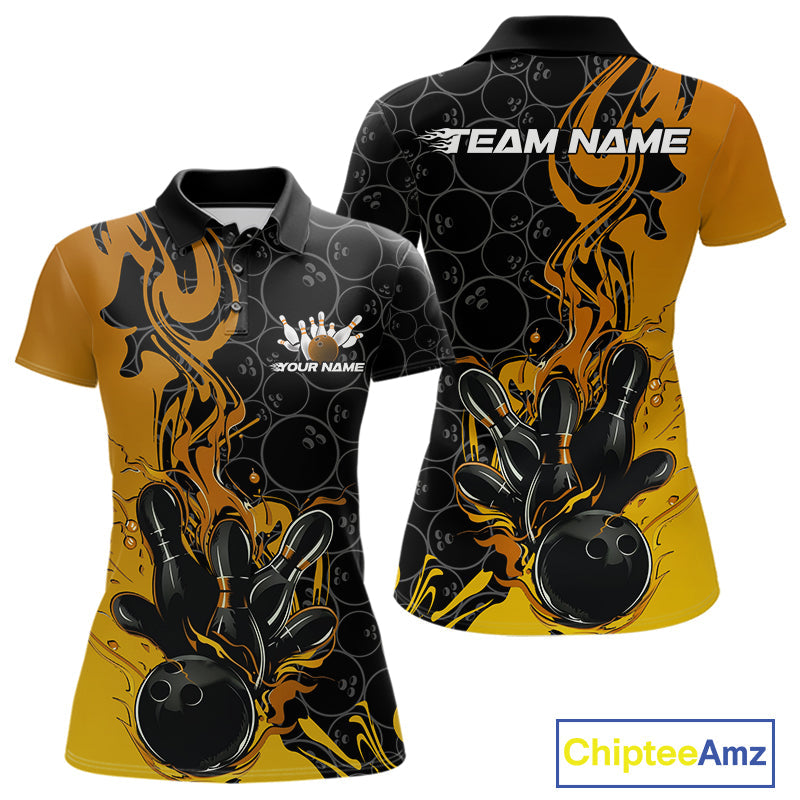 Custom Black And Gold Flame Bowling Team Women Polo Shirts, Yellow Bowling League Shirt IPHW10188