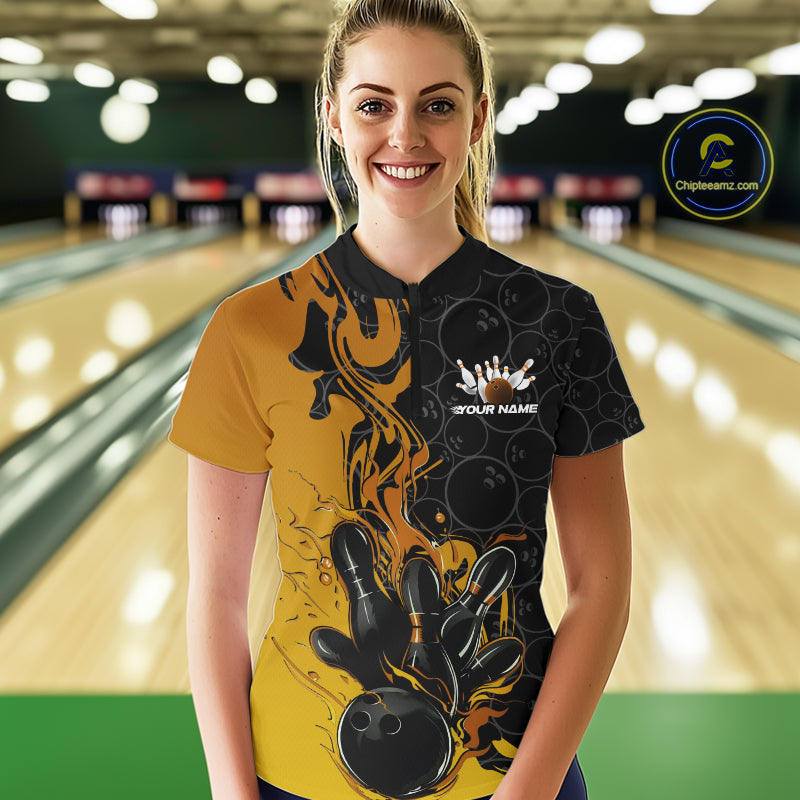 Custom Black And Gold Flame Bowling Team Women Quarter-Zip Shirts, Bowling League Shirt IPHW10188