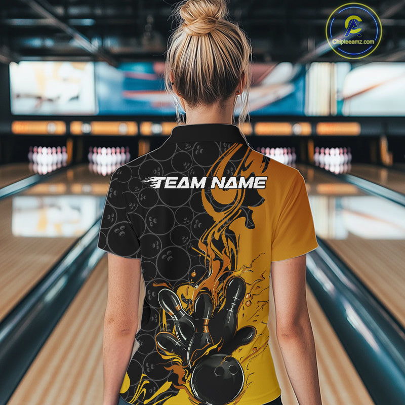Custom Black And Gold Flame Bowling Team Women Quarter-Zip Shirts, Bowling League Shirt IPHW10188