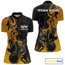 Load image into Gallery viewer, Custom Black And Gold Flame Bowling Team Women Quarter-Zip Shirts, Bowling League Shirt IPHW10188