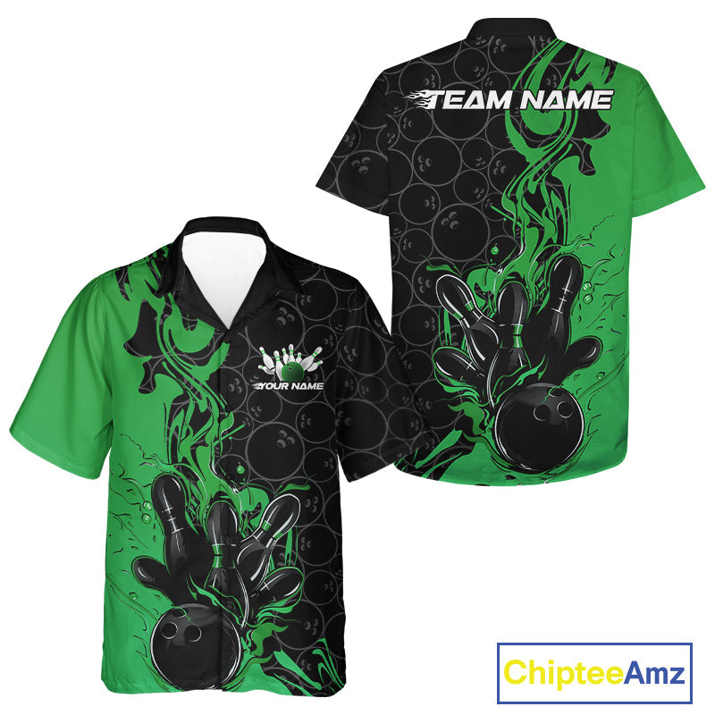 Custom Black And Green Flame Bowling Team Men And Women Hawaiian Shirts, Bowling League Shirt IPHW10189