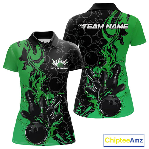 Custom Black And Green Flame Bowling Team Women Polo Shirts, Bowling League Shirt IPHW10189