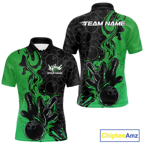 Custom Black And Green Flame Bowling Team Men Polo Shirts, Bowling League Shirt IPHW10189