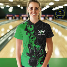 Load image into Gallery viewer, Custom Black And Green Flame Bowling Team Women Quarter-Zip Shirts, Bowling League Shirt IPHW10189