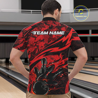 Custom Red Camo Flame Bowling Men Quarter-Zip Shirts, Camouflage Bowling Team Jerseys IPHW10344