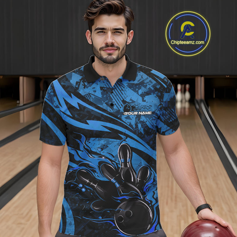 Custom Blue Camo Flame Bowling Men Polo Shirts, Camouflage Bowling Team Jerseys IPHW10345