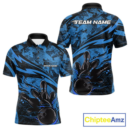 Custom Blue Camo Flame Bowling Men Polo Shirts, Camouflage Bowling Team Jerseys IPHW10345