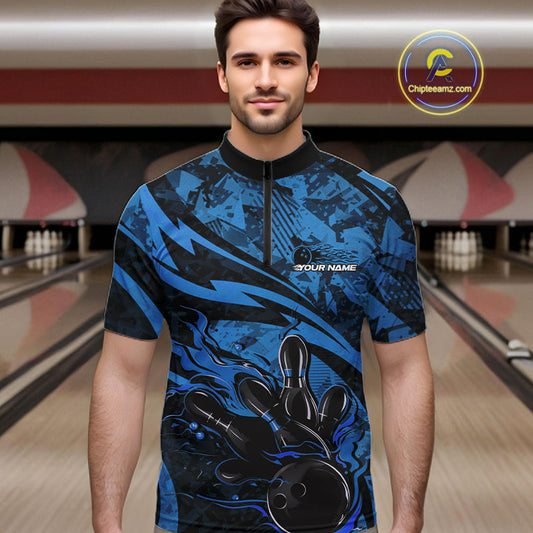 Custom Blue Camo Flame Bowling Men Quarter-Zip Shirts, Camouflage Bowling Team Jerseys IPHW10345
