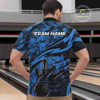 Custom Blue Camo Flame Bowling Men Quarter-Zip Shirts, Camouflage Bowling Team Jerseys IPHW10345