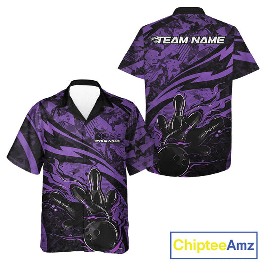 Custom Purple Camo Flame Bowling Men And Women Hawaiian Shirts, Camouflage Bowling Team Jerseys IPHW10346