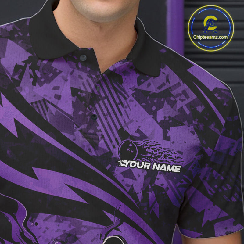 Custom Purple Camo Flame Bowling Men Polo Shirts, Camouflage Bowling Team Jerseys IPHW10346