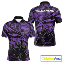 Load image into Gallery viewer, Custom Purple Camo Flame Bowling Men Polo Shirts, Camouflage Bowling Team Jerseys IPHW10346