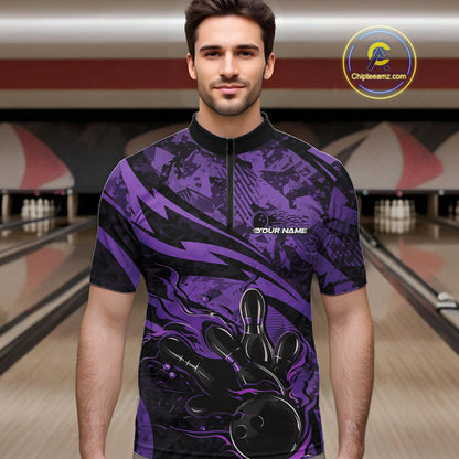 Custom Purple Camo Flame Bowling Men Quarter-Zip Shirts, Camouflage Bowling Team Jerseys IPHW10346