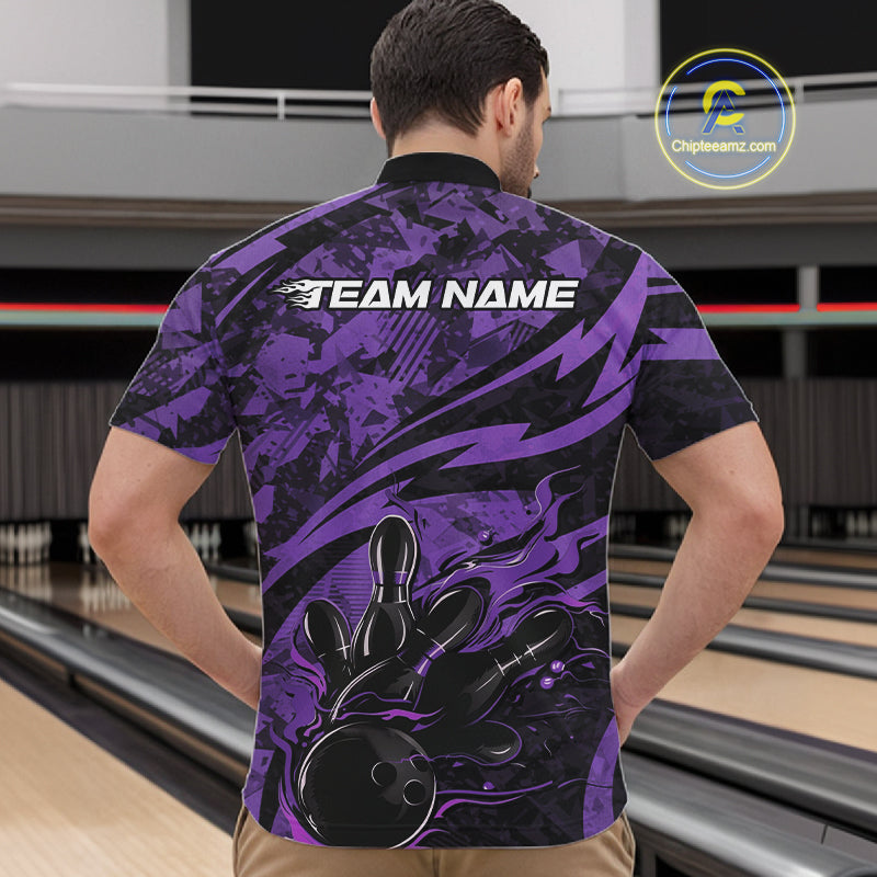 Custom Purple Camo Flame Bowling Men Quarter-Zip Shirts, Camouflage Bowling Team Jerseys IPHW10346