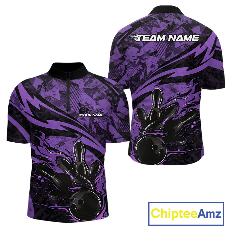 Custom Purple Camo Flame Bowling Men Quarter-Zip Shirts, Camouflage Bowling Team Jerseys IPHW10346