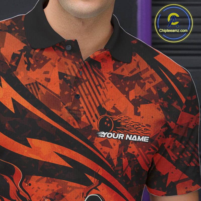 Custom Orange Camo Flame Bowling Men Polo Shirts, Camouflage Bowling Team Jerseys IPHW10347