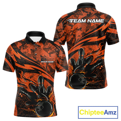 Custom Orange Camo Flame Bowling Men Polo Shirts, Camouflage Bowling Team Jerseys IPHW10347