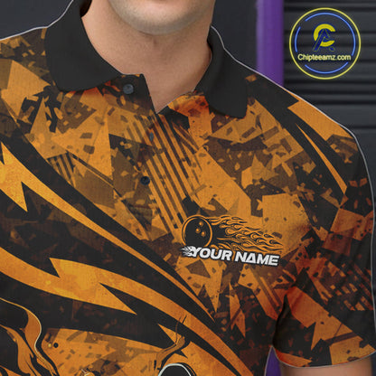 Custom Yellow Camo Flame Bowling Men Polo Shirts, Camouflage Bowling Team Jerseys IPHW10348