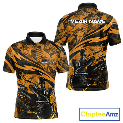 Custom Yellow Camo Flame Bowling Men Polo Shirts, Camouflage Bowling Team Jerseys IPHW10348