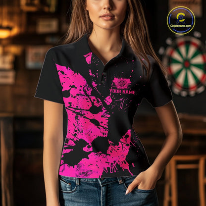 Custom Name Black And Pink Splatter Darts Shirts For Women, Dart Team League Shirts IPHW10622