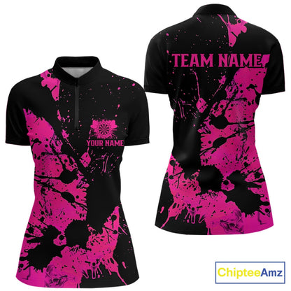 Custom Name Black And Pink Splatter Darts Shirts For Women, Dart Team League Shirts IPHW10622