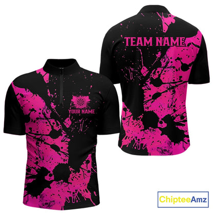 Custom Name Black And Pink Splatter Darts Shirts For Men, Dart Team League Shirts IPHW10622