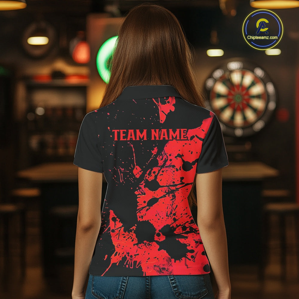 Custom Name Black And Red Splatter Darts Shirts For Women, Dart Team League Shirts IPHW10623