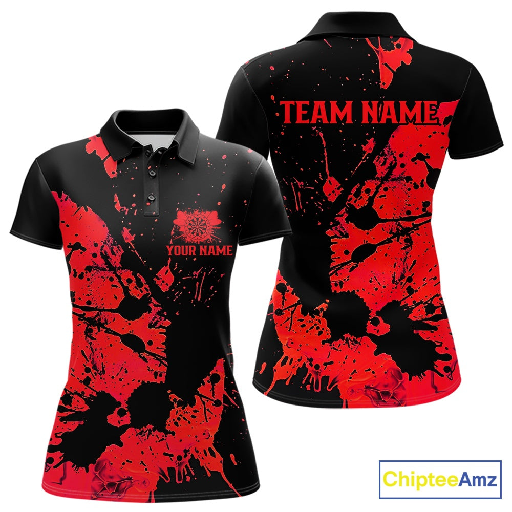 Custom Name Black And Red Splatter Darts Shirts For Women, Dart Team League Shirts IPHW10623