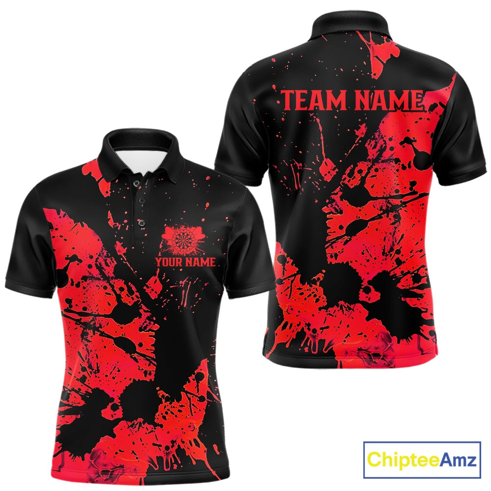 Custom Name Black And Red Splatter Darts Shirts For Men, Dart Team League Shirts IPHW10623