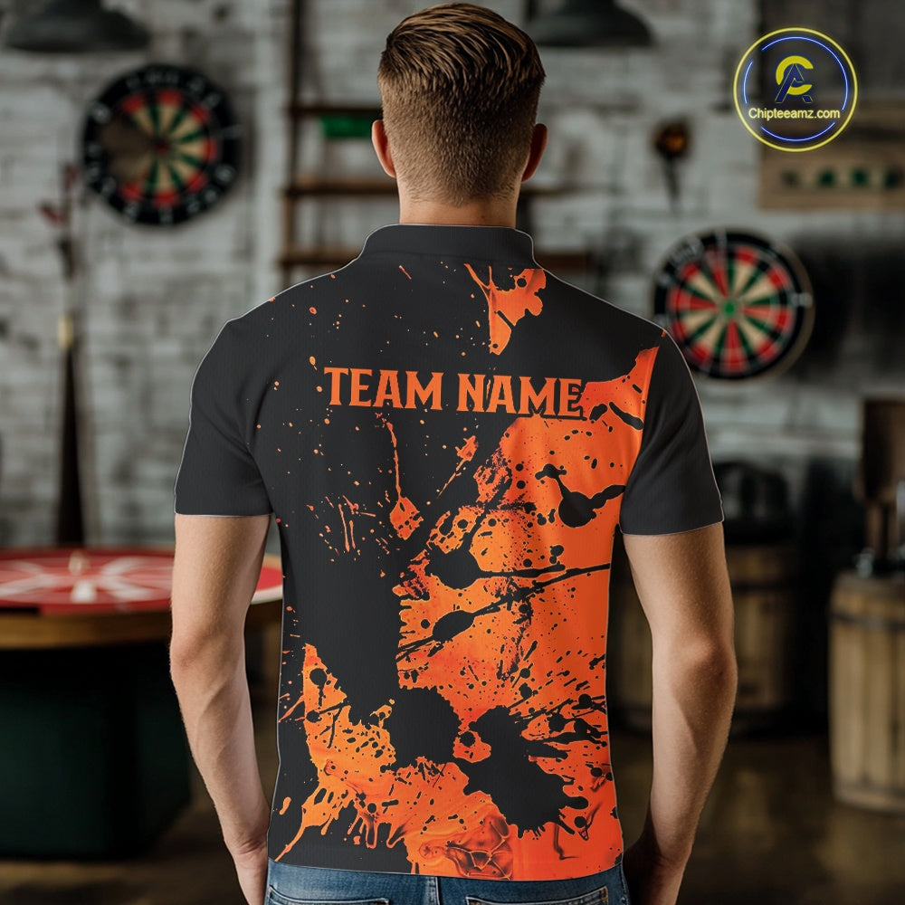 Custom Name Black And Orange Splatter Darts Shirts For Men, Dart Team League Shirts IPHW10624