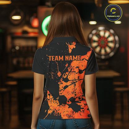 Custom Name Black And Orange Splatter Darts Shirts For Women, Dart Team League Shirts IPHW10624