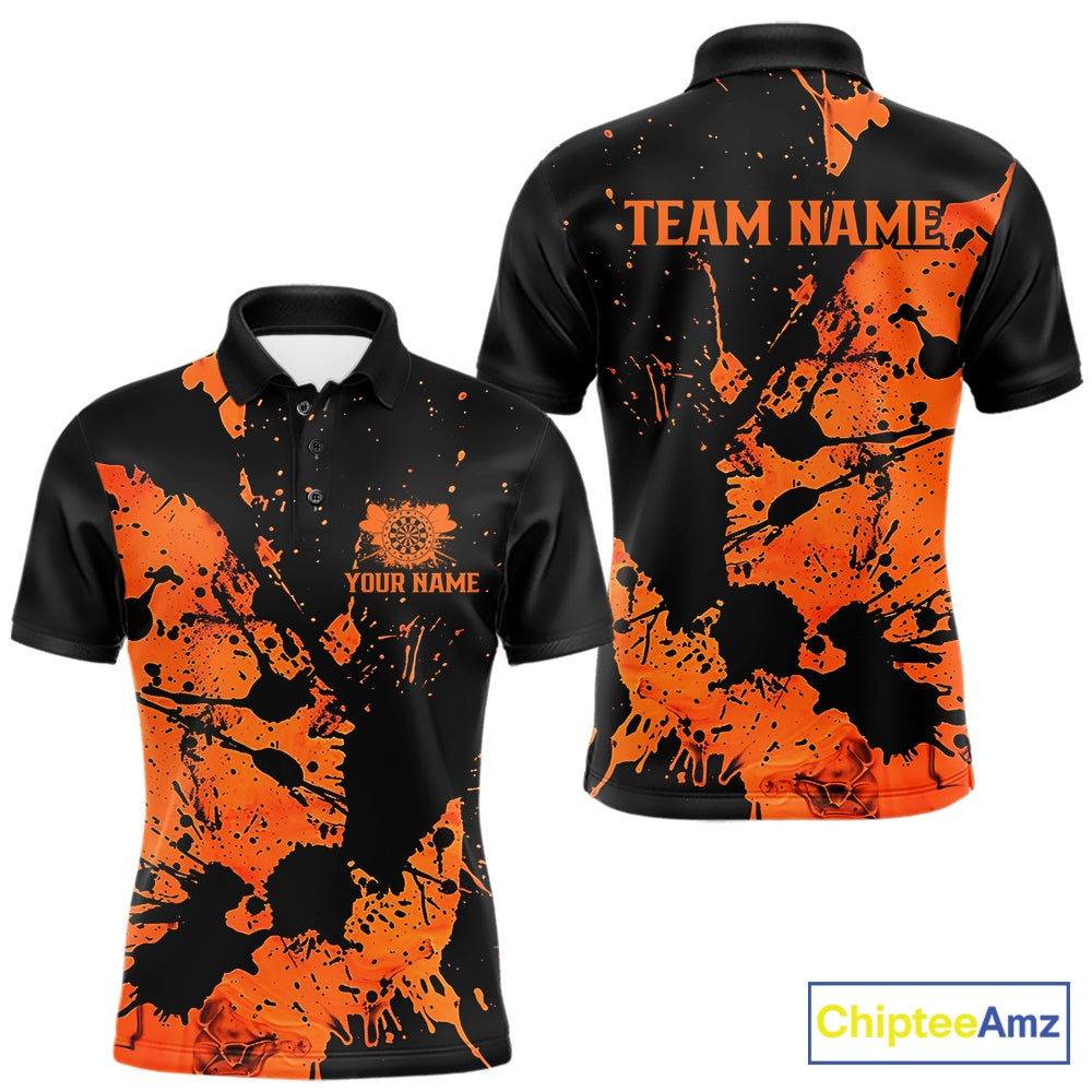 Custom Name Black And Orange Splatter Darts Shirts For Men, Dart Team League Shirts IPHW10624