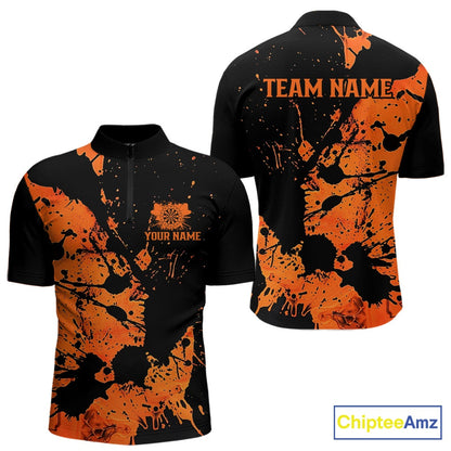Custom Name Black And Orange Splatter Darts Shirts For Men, Dart Team League Shirts IPHW10624