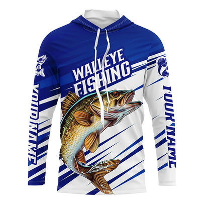 Personalized Walleye Fishing Jerseys, Walleye Long Sleeve Tournament Fishing Shirts | Blue IPHW5961
