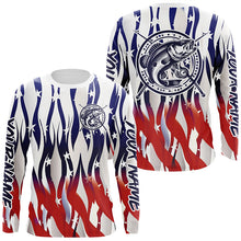 Load image into Gallery viewer, Flaming American Flag Custom Bass Long Sleeve Fishing Shirts, Patriotic Bass Fishing Jerseys IPHW5979